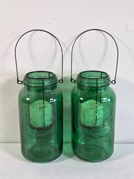 Pair Of Green Glass Mason Jar Candleholders