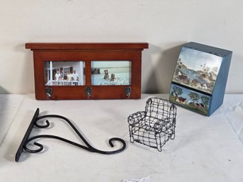 (4pc) Hand Painted Wooden Box, Pine Pub Frame, Wall Bracket, & Miniature Wire Chair