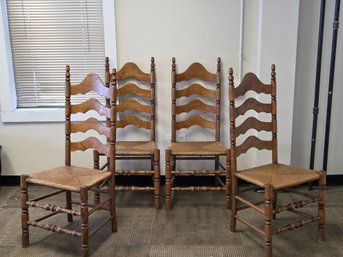 (4pc) Rustic Vintage Ladder Back Dining Chairs W/ Rush Seats