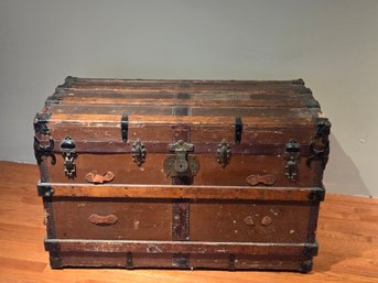 Large Antique Flat-Top Steamer Trunk - Wood W/ Metal Bands & Hardware