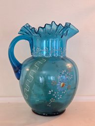 Blue Art Glass Pitcher W/ Ruffled Rim And Painted/Enameled Decoration