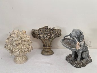 (3pc) Resin Statues & Decor - Wall Shelf, Dog Statue, & Bouquet
