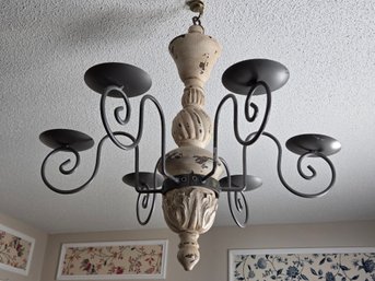 Rustic 6 Arm Iron & Painted Wood Hanging Candle Chandelier