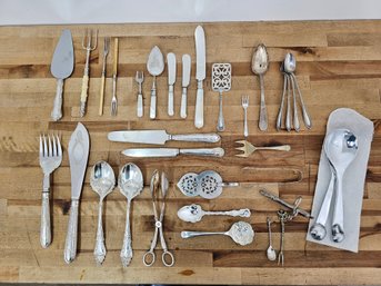 Estate Found Grouping Of Antique & Vintage Silver-Plated Flatware & Serving Pieces