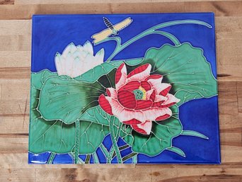 Art Pottery Ceramic Tile Wall Decor - Lotus Flower & Dragonfly