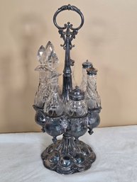 Rare Antique 7 Bottle Silver Plated Rotating Cruet Set