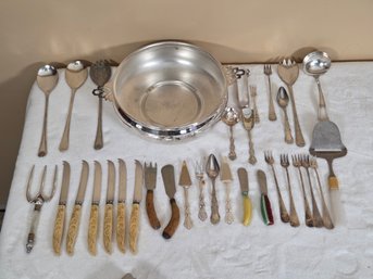 Assortment Of Estate Found Silver-Plated & Stainless Steel Flatware & Tableware
