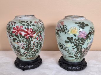Pair Of Hand-painted Oriental Porcelain Jars