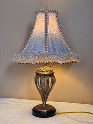 Brass Tone & Glass Table Lamp W/ Fringe Shade