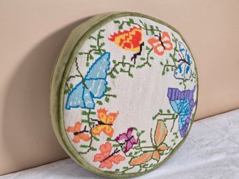 Round Throw Pillow W/ Needlepoint Butterfly Design