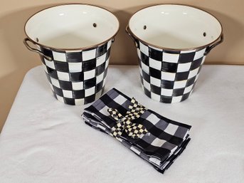 Pair Of MacKenzie-Childs Courtly Check Enamel Wine Coolers/Ice Buckets W/ Cloth Napkins