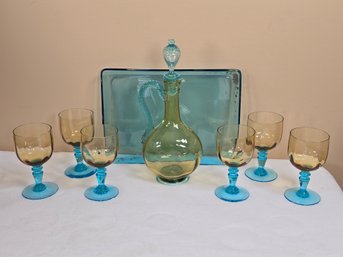 Fine Bohemian Style Blown Turquoise & Amber Art Glass Decanter Set