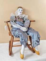 Vintage Clown Doll W/ Diminutive Wooden Rocking Chair