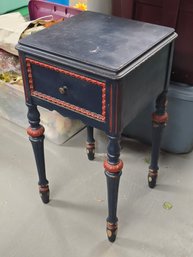 Antique Blue & Red Painted End Table With Turned Wood Legs