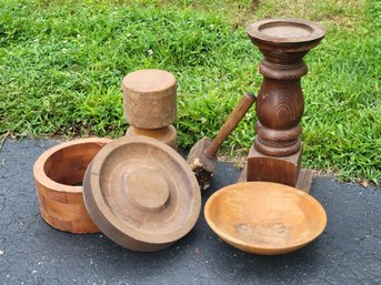 Antique Primitive Wood Lot - Dough Bowl, Mallet & More