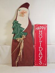 2 Christmas Signs - Primitive Wood Santa & Happy Holidays
