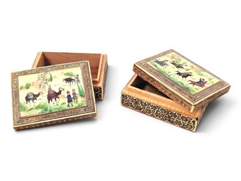 Pair Of Persian Khatam Inlaid Wood Trinket Boxes W/ Hand-Painted Miniature Paintings