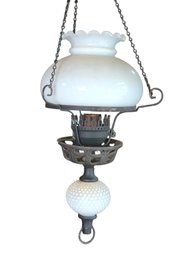 Antique Electrified Victorian Milk Glass Hanging Library Lamp