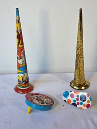 Vintage Lithographed Tin New Year's Noisemakers