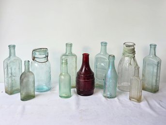 Vintage & Antique Glass Bottle Lot - Borden Milk Glass Jar, Iridescent, Apothecary & More
