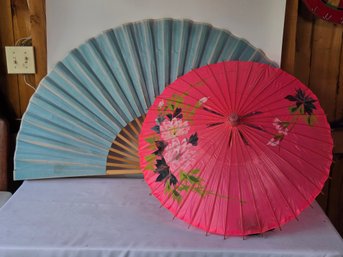 Asian Decorative Lot - Large Light Blue Wall Fan & Hand-Painted Pink Parasol