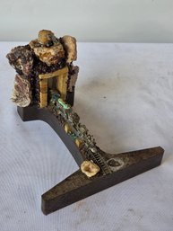 Railroad Rail Mining Train Sculpture W/ Miniature Train & Gemstones