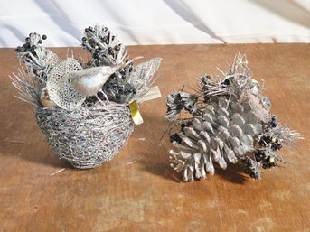 2pc. Glittery Silver Christmas Bird Nest And Pinecone Ornaments