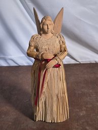 Vintage Hand-Carved Wood & Corn Husk Angel Figurine