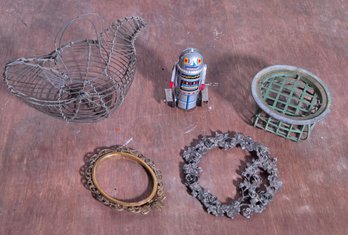 Assorted Miscellaneous Lot - Vintage Wire Egg Basket, Wind Up Robot Toy & More