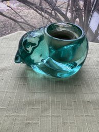 Teal Blue Glass Cat Candle Holder