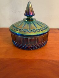 Vintage Indiana Glass Company Princess Blue Carnival Glass Lidded Candy Dish