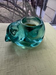 Vintage Indiana Glass Teal Blue/green Sleeping Cat Votive Candle Holder
