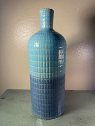 Aqua And Denim-blue Ceramic Textured Bottle Vase With An Incised Grid Pattern