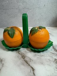 Vintage Salt And Pepper Shaker Oranges With Leaf Caddy Plastic Set 1960s