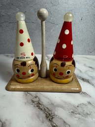 Vintage Salt And Pepper Shakers Clown Hand Painted Wooden Set 1950s Japan Mid Century Kitsch