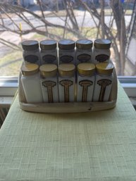 Primitive 1940s Griffiths Spice Rack 10 Milk Glass Jars