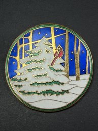 Vintage Winter Scene Stamped Champleve Enamel Brooch