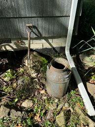 Antique Metal Milk Can And Pitch Fork
