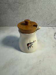 Horseradish Or Mustard Jar With Little Spoon And Wooden Top
