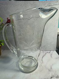 Vintage Blown Glass Floral Etch Ice Lip Pitcher