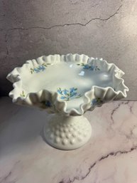Vintage Fenton Milk Glass Hobnail Compote Hand Painted Floral Design