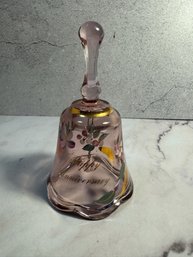 Vintage Fenton Art Glass Pink Hand-painted 'Happy Anniversary' Bell Featuring Delicate Floral Designs