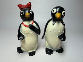 Vintage 1950s 'Willie And Millie' Penguin Salt And Pepper Shakers Made Of Molded Plastic By The F&F