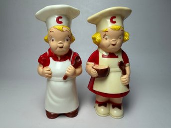 Vintage 1950s Campbell's Soup Kids Plastic Salt And Pepper Shakers Shaped Like Chefs In Red And White Uniforms