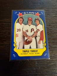 1981 Fleer Star Stickers #43 'Triple Threat' Mike Schmidt, Pete Rose, And Larry Bowa