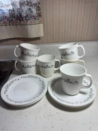Lot Of 6 Cups And 6 Saucer Plates Vintage Corelle Ribbon Bouquet Dinnerware: White Glass With Grey Floral Trim