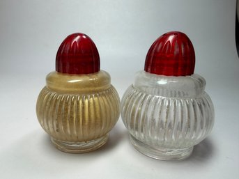 Vintage Ribbed Glass With Red Tops Vintage Salt And Pepper Shaler Set Lot