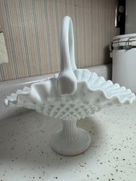 Vintage White Milk Glass Fenton Hobnail Footed Basket With Ruffled Edge And Applied Handle