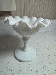 Vintage Westmoreland English Hobnail Milk Glass Compote Dish With A Ruffled Rim