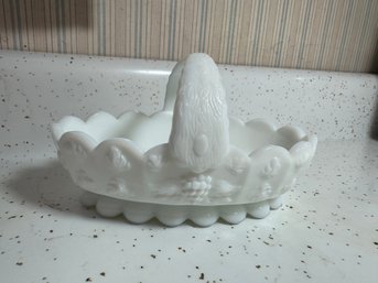 Vintage Westmoreland Milk Glass Basket Split Handle Paneled Grape